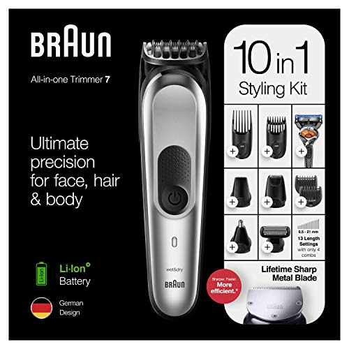 Braun 7 tout en un tondeuse electrique homme barbe cheveux et corps gris argent 10 en 1 avec 8 accessoires base de recharge et moteur adaptif mgk7220 0 5