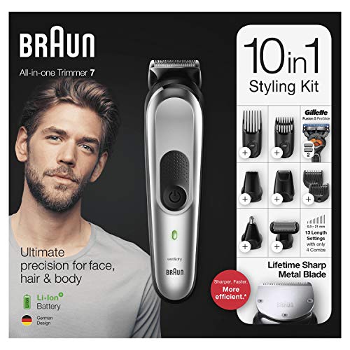 Braun 7 tout en un tondeuse electrique homme barbe cheveux et corps gris argent 10 en 1 avec 8 accessoires base de recharge et moteur adaptif mgk7220 0 6