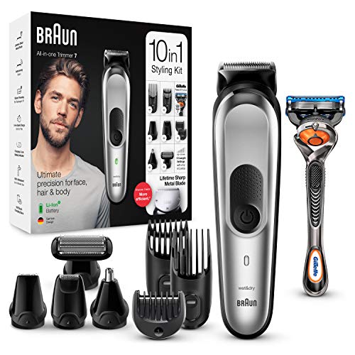 Braun 7 tout en un tondeuse electrique homme barbe cheveux et corps gris argent 10 en 1 avec 8 accessoires base de recharge et moteur adaptif mgk7220 0