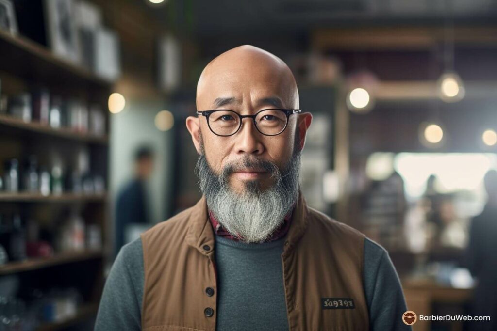 bdw asian man bald beard shaved head thin face