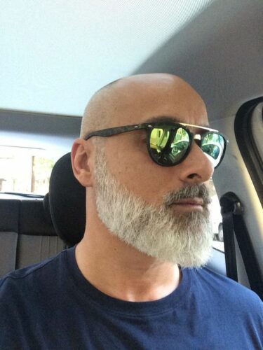 Short white beard bald man shaved head