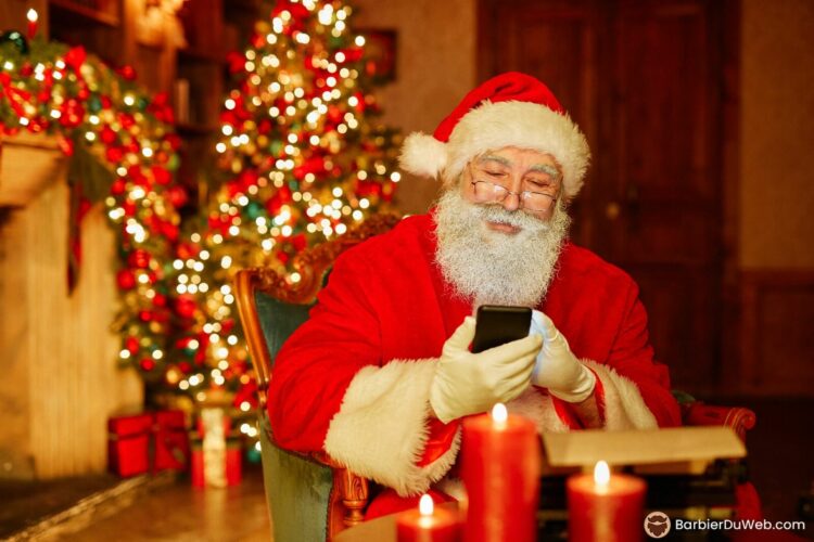 Santa Claus is looking at a phone