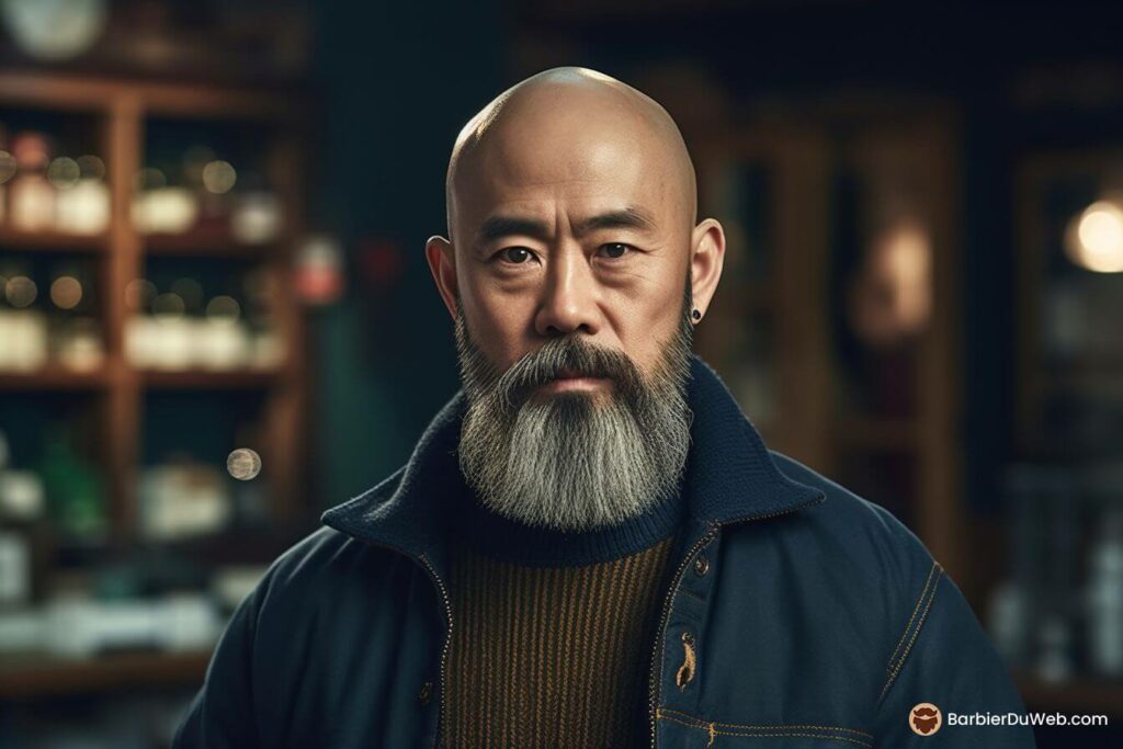 hombre asiático calvo sal pimienta barba