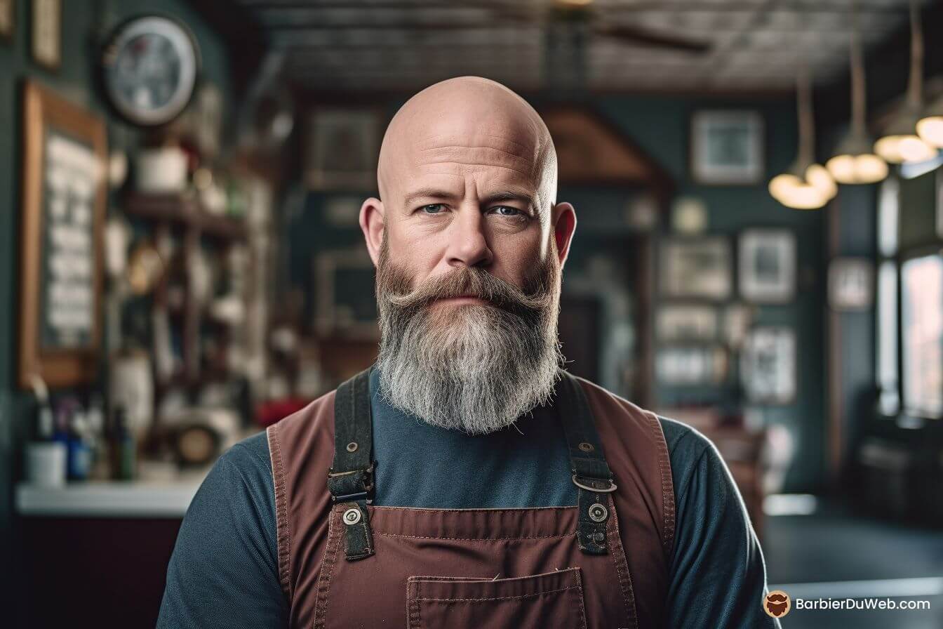 Man bald long beard handlebar mustache