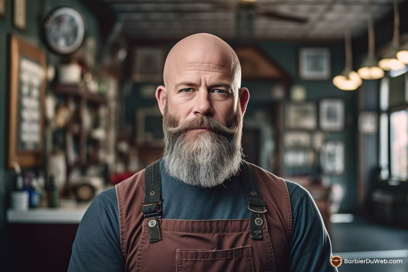 bald man long beard handlebar mustache