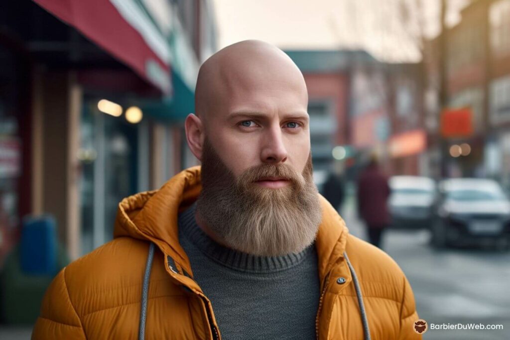 Hombre calvo afeitado barba blanca rubia