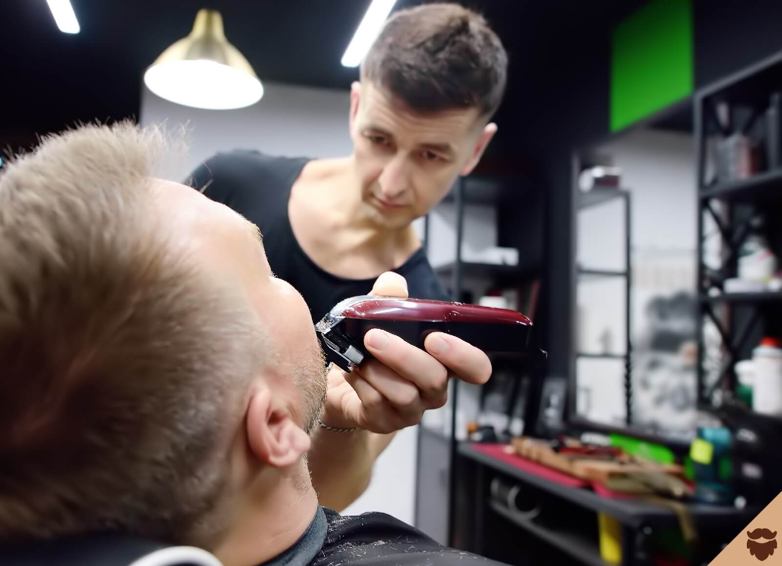 Hairdresser trims men's beards with clippers